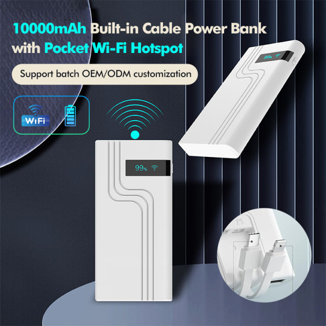 10,000mAh 4G LTE Pocket WiFi Power Bank with Built-in Cables, Portable Hotspot, Fast Charging, SIM Slot, Travel Router, OEM/ODM Available RC-MP80