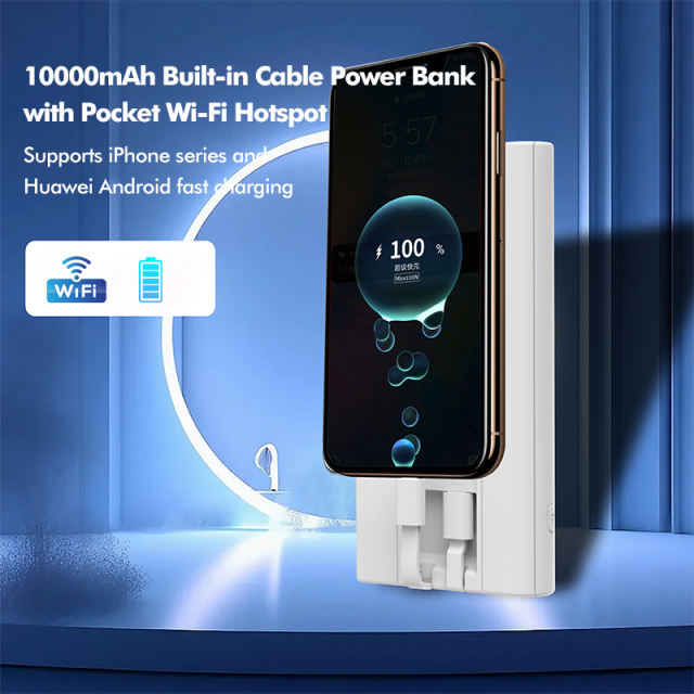 10,000mAh 4G LTE Pocket WiFi Power Bank with Built-in Cables, Portable Hotspot, Fast Charging, SIM Slot, Travel Router, OEM/ODM Available RC-MP80