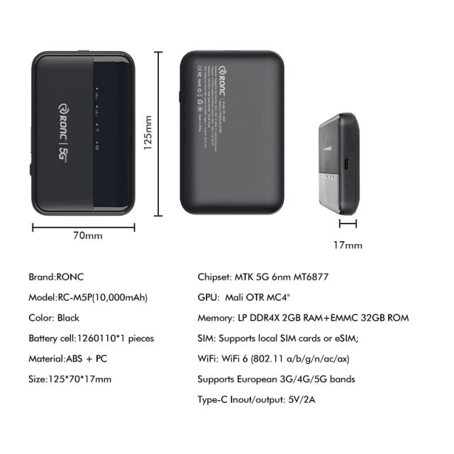 10,000mAh 5G WiFi Power Bank | Ultra-Fast WiFi 6 | eSIM & SIM Support | Fast Charging for iPhone & Android RC-M5P