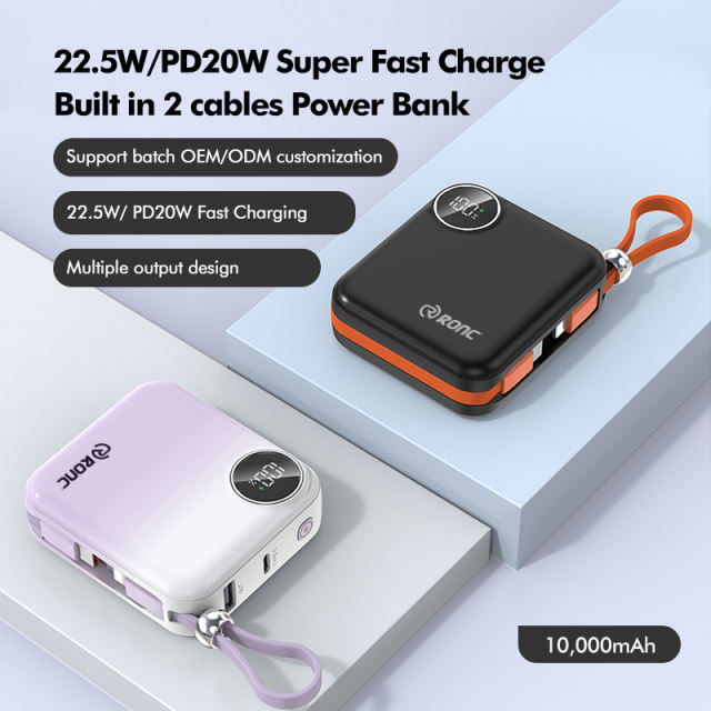 Mini 10000mAh Power Bank with 22.5W Super Fast Charging, PD 20W Two-Way Charging, Built-in USB-C & Lightning Cables – Portable Charger for iPhone & Android RC-PD82