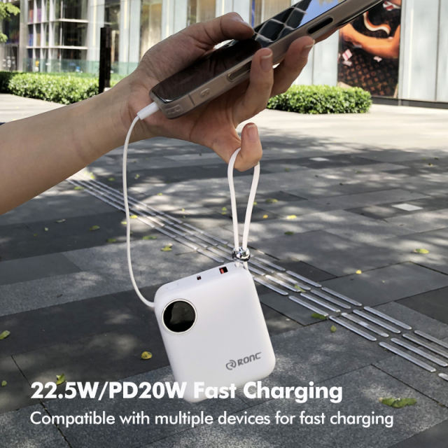 Mini 10000mAh Power Bank with 22.5W Super Fast Charging, PD 20W Two-Way Charging, Built-in USB-C & Lightning Cables – Portable Charger for iPhone & Android RC-PD82