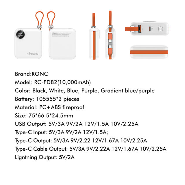 Mini 10000mAh Power Bank with 22.5W Super Fast Charging, PD 20W Two-Way Charging, Built-in USB-C & Lightning Cables – Portable Charger for iPhone & Android RC-PD82