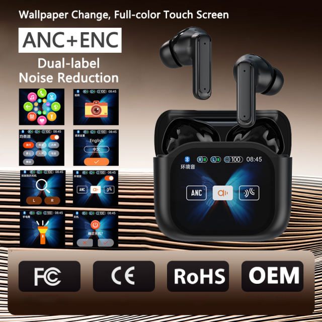 Smart AI Bluetooth Earbuds with Display, ANC Dual Mic Noise Cancelling, HD Music & Clear Calls, Voice Translation, Deep Bass, Touch Control, Waterproof IPX5 RC-AE02