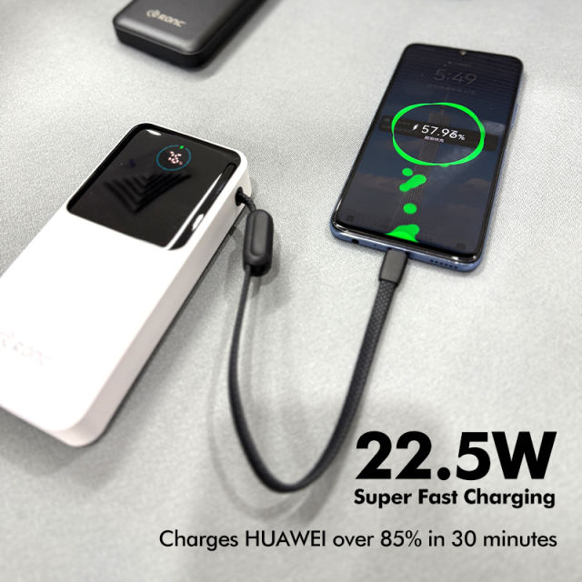 22.5W Super Fast Charging Power Bank with Built-in 3 Cables – Large Capacity 10000/20000/30000mAh, Braided Cable, OEM/ODM Supported RC-PD86
