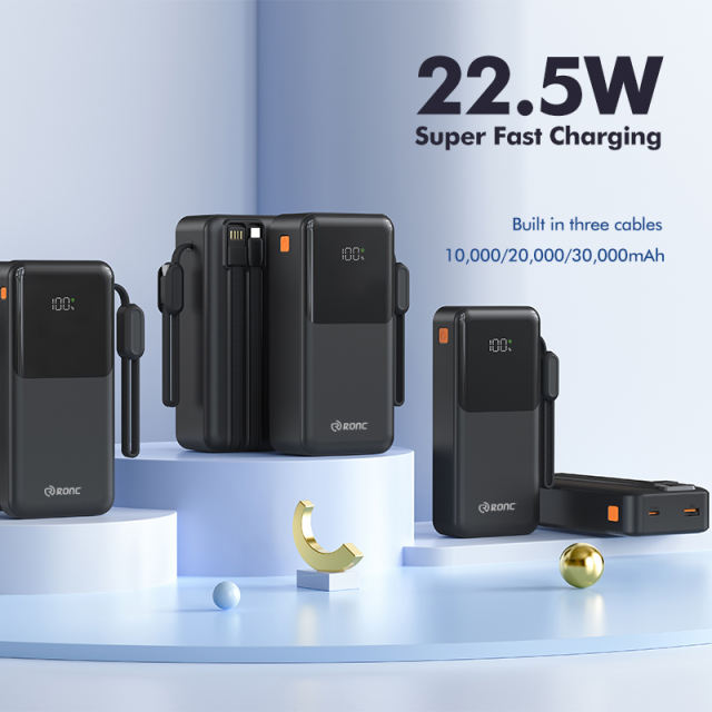 22.5W Super Fast Charging Power Bank with Built-in 3 Cables – Large Capacity 10000/20000/30000mAh, Braided Cable, OEM/ODM Supported RC-PD86