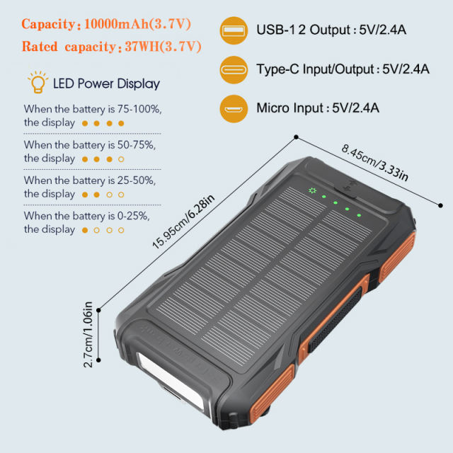10000mAh Hand Crank Solar Power Bank – Emergency Charger with LED Flashlight, Phone Stand, Dual USB Output & Type-C Input，RC-SP009