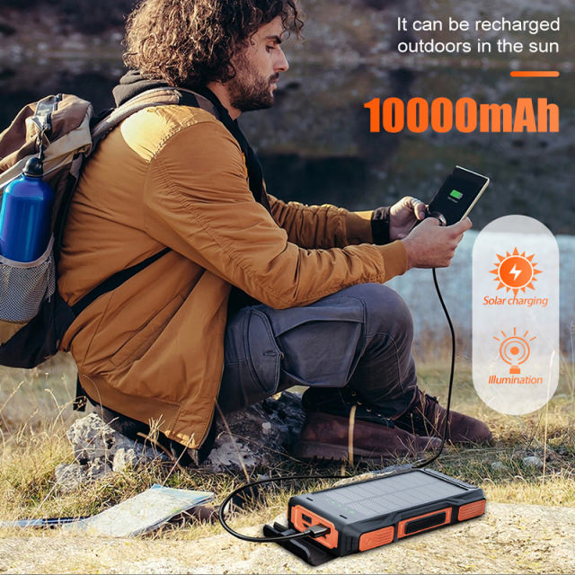 10000mAh Hand Crank Solar Power Bank – Emergency Charger with LED Flashlight, Phone Stand, Dual USB Output & Type-C Input，RC-SP009