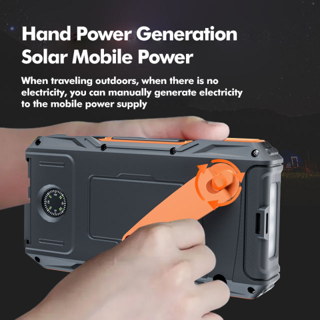 10000mAh Hand Crank Solar Power Bank – Emergency Charger with LED Flashlight, Phone Stand, Dual USB Output & Type-C Input，RC-SP009