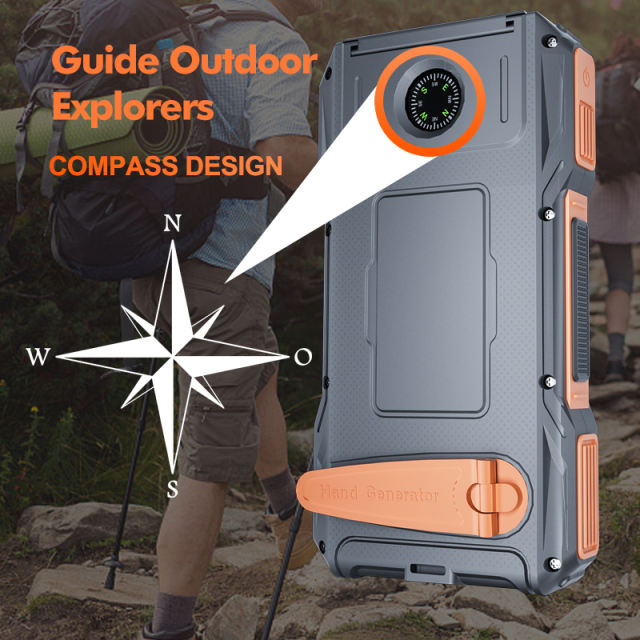 10000mAh Hand Crank Solar Power Bank – Emergency Charger with LED Flashlight, Phone Stand, Dual USB Output & Type-C Input，RC-SP009