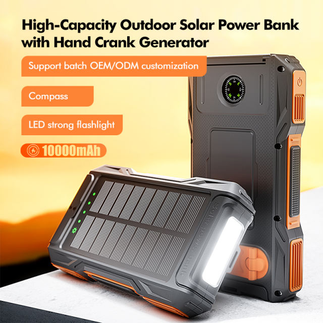 10000mAh Hand Crank Solar Power Bank – Emergency Charger with LED Flashlight, Phone Stand, Dual USB Output & Type-C Input，RC-SP009
