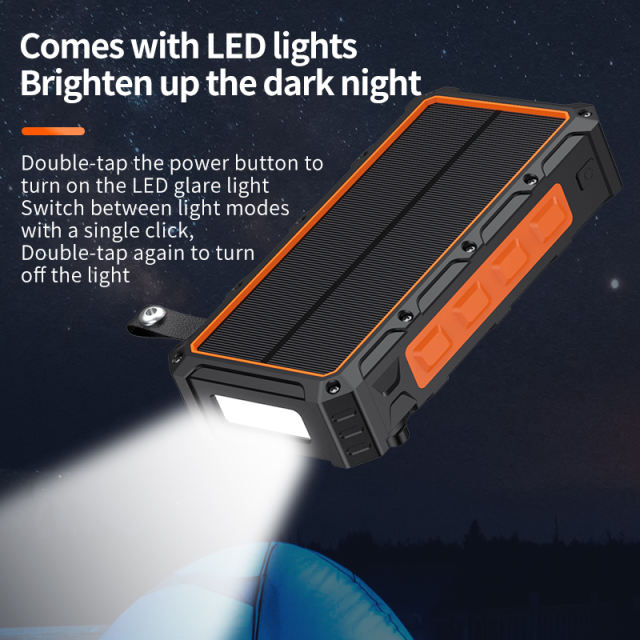 20000mAh Solar Hand Crank Power Bank with Wireless Charging – 6 Outputs, 3 Inputs, LED Flashlight, Waterproof &amp; Shockproof for Outdoor Use，RC-SP010
