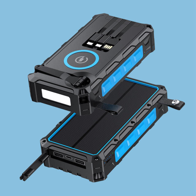 20000mAh Solar Hand Crank Power Bank with Wireless Charging – 6 Outputs, 3 Inputs, LED Flashlight, Waterproof &amp; Shockproof for Outdoor Use，RC-SP010