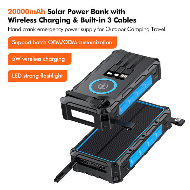 20000mAh Solar Hand Crank Power Bank with Wireless Charging – 6 Outputs, 3 Inputs, LED Flashlight, Waterproof &amp; Shockproof for Outdoor Use，RC-SP010