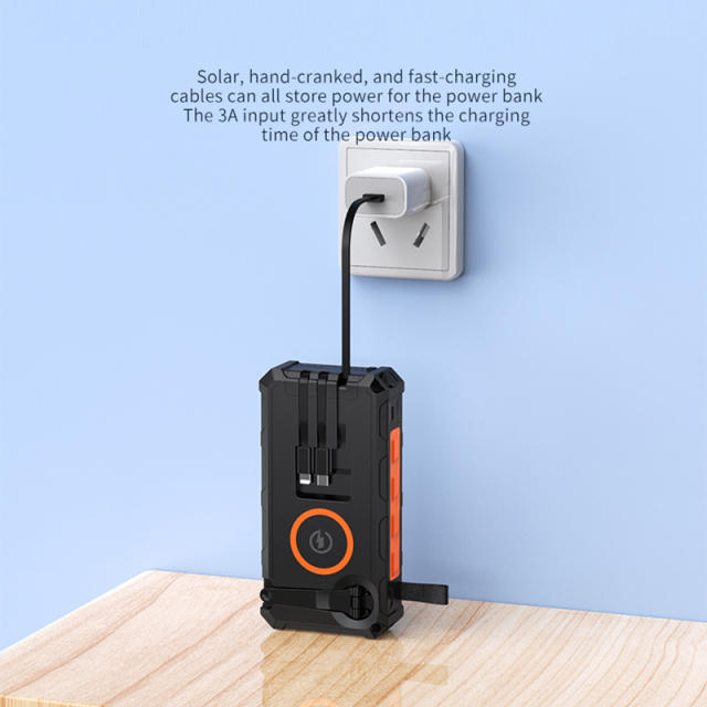 20000mAh Solar Hand Crank Power Bank with Wireless Charging – 6 Outputs, 3 Inputs, LED Flashlight, Waterproof &amp; Shockproof for Outdoor Use，RC-SP010