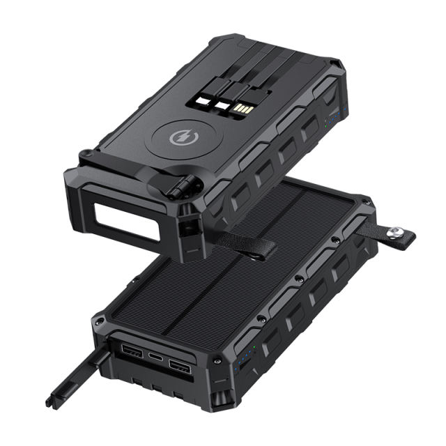 20000mAh Solar Hand Crank Power Bank with Wireless Charging – 6 Outputs, 3 Inputs, LED Flashlight, Waterproof &amp; Shockproof for Outdoor Use，RC-SP010