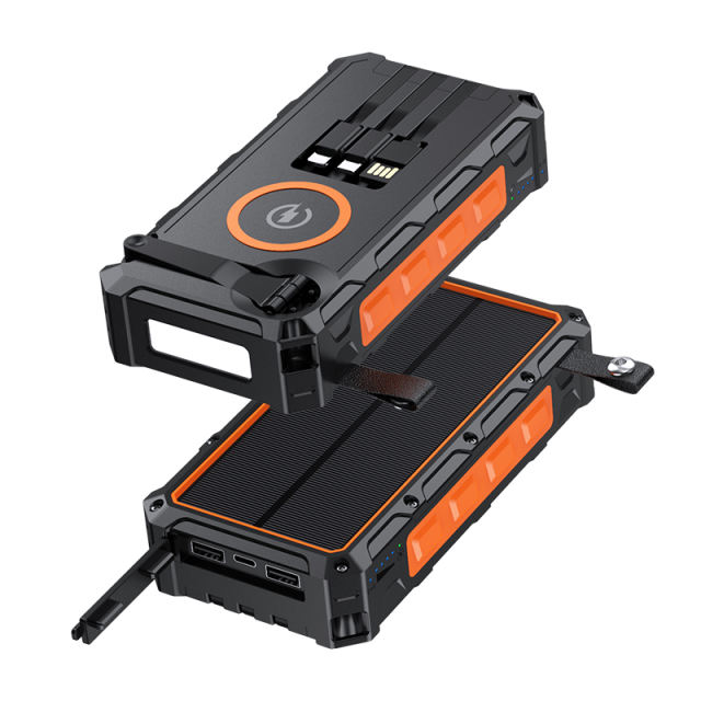 20000mAh Solar Hand Crank Power Bank with Wireless Charging – 6 Outputs, 3 Inputs, LED Flashlight, Waterproof &amp; Shockproof for Outdoor Use，RC-SP010