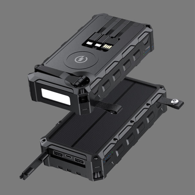 20000mAh Solar Hand Crank Power Bank with Wireless Charging – 6 Outputs, 3 Inputs, LED Flashlight, Waterproof &amp; Shockproof for Outdoor Use，RC-SP010