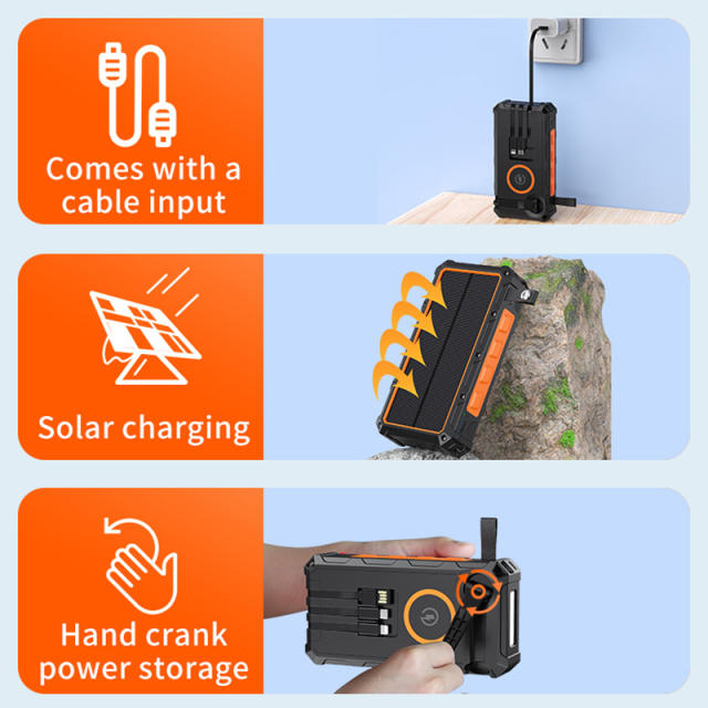 20000mAh Solar Hand Crank Power Bank with Wireless Charging – 6 Outputs, 3 Inputs, LED Flashlight, Waterproof &amp; Shockproof for Outdoor Use，RC-SP010