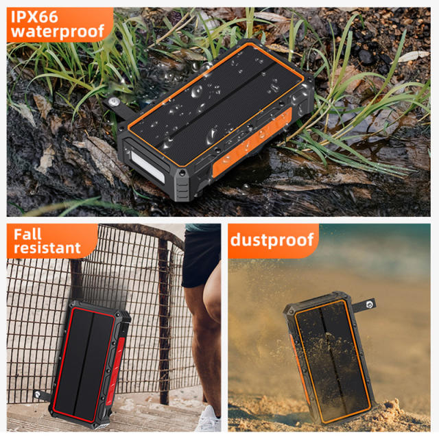 20000mAh Solar Hand Crank Power Bank with Wireless Charging – 6 Outputs, 3 Inputs, LED Flashlight, Waterproof &amp; Shockproof for Outdoor Use，RC-SP010
