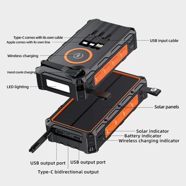 20000mAh Solar Hand Crank Power Bank with Wireless Charging – 6 Outputs, 3 Inputs, LED Flashlight, Waterproof &amp; Shockproof for Outdoor Use，RC-SP010