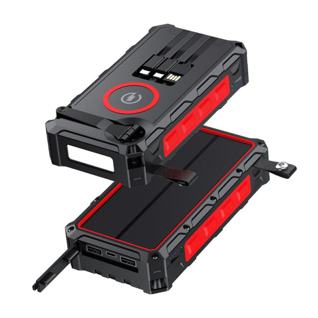 20000mAh Solar Hand Crank Power Bank with Wireless Charging – 6 Outputs, 3 Inputs, LED Flashlight, Waterproof &amp; Shockproof for Outdoor Use，RC-SP010