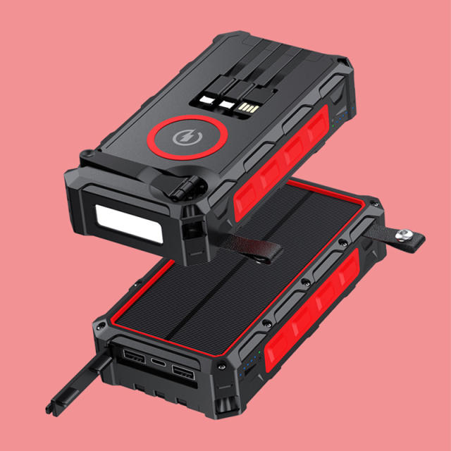 20000mAh Solar Hand Crank Power Bank with Wireless Charging – 6 Outputs, 3 Inputs, LED Flashlight, Waterproof &amp; Shockproof for Outdoor Use，RC-SP010