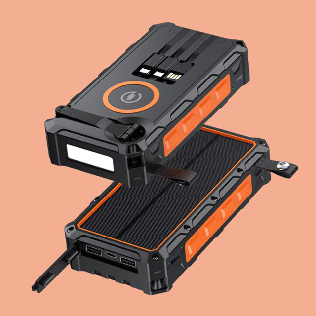 20000mAh Solar Hand Crank Power Bank with Wireless Charging – 6 Outputs, 3 Inputs, LED Flashlight, Waterproof &amp; Shockproof for Outdoor Use，RC-SP010