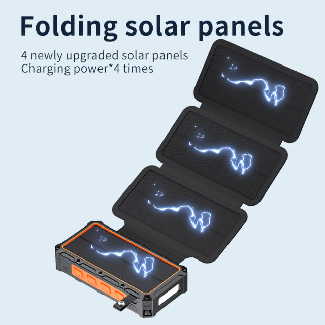 20000mAh Solar Hand Crank Power Bank with Wireless Charging – 6 Outputs, 3 Inputs, LED Flashlight, Waterproof &amp; Shockproof for Outdoor Use，RC-SP010