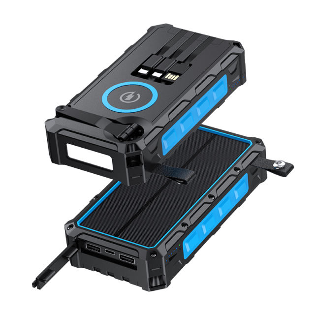 20000mAh Solar Hand Crank Power Bank with Wireless Charging – 6 Outputs, 3 Inputs, LED Flashlight, Waterproof &amp; Shockproof for Outdoor Use，RC-SP010