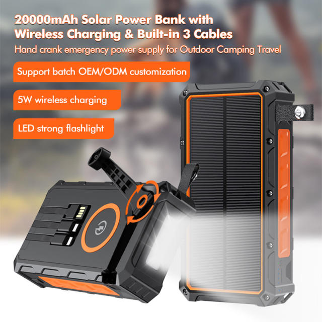 20000mAh Solar Hand Crank Power Bank with Wireless Charging – 6 Outputs, 3 Inputs, LED Flashlight, Waterproof &amp; Shockproof for Outdoor Use，RC-SP010