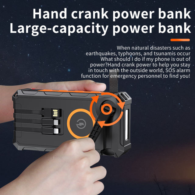 20000mAh Solar Hand Crank Power Bank with Wireless Charging – 6 Outputs, 3 Inputs, LED Flashlight, Waterproof &amp; Shockproof for Outdoor Use，RC-SP010
