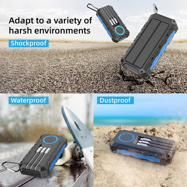 30000mAh Solar Power Bank with Wireless Charging, 3 Built-in Cables, Waterproof Outdoor Portable Charger for Camping, Hiking, Emergency Use，RC-SP011