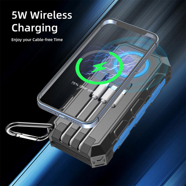 30000mAh Solar Power Bank with Wireless Charging, 3 Built-in Cables, Waterproof Outdoor Portable Charger for Camping, Hiking, Emergency Use，RC-SP011