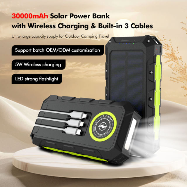 30000mAh Solar Power Bank with Wireless Charging, 3 Built-in Cables, Waterproof Outdoor Portable Charger for Camping, Hiking, Emergency Use，RC-SP011