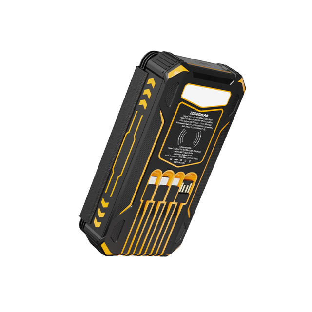 20000mAh Foldable Solar Power Bank with 22.5W PD Fast Charging, Wireless Charging, 4 Built-in Cables, Outdoor Light & Waterproof Design for Camping & Emergency，RC-SP014