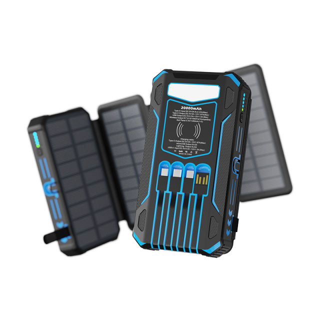 20000mAh Foldable Solar Power Bank with 22.5W PD Fast Charging, Wireless Charging, 4 Built-in Cables, Outdoor Light & Waterproof Design for Camping & Emergency，RC-SP014