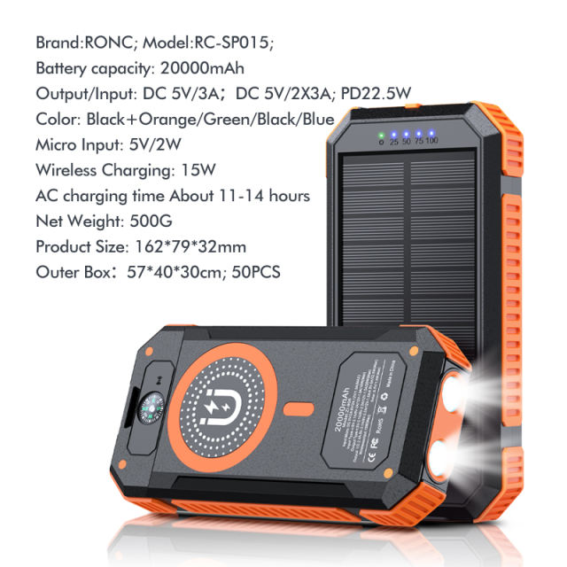 20000mAh Magnetic Solar Power Bank with Compass, Outdoor LED Light, PD 22.5W Fast Charge, 15W Wireless Charging, Waterproof &amp; Shockproof， RC-SP015