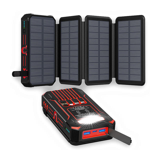 20000mAh Foldable Solar Power Bank with 22.5W PD Fast Charging, Wireless Charging, 4 Built-in Cables, Outdoor Light & Waterproof Design for Camping & Emergency，RC-SP014