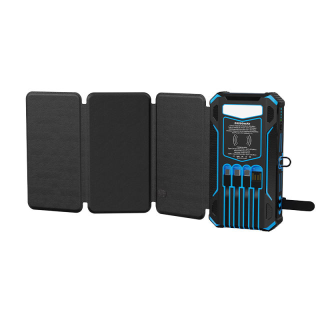 20000mAh Foldable Solar Power Bank with 22.5W PD Fast Charging, Wireless Charging, 4 Built-in Cables, Outdoor Light & Waterproof Design for Camping & Emergency，RC-SP014