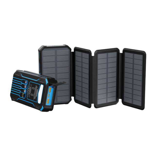20000mAh Foldable Solar Power Bank with 22.5W PD Fast Charging, Wireless Charging, 4 Built-in Cables, Outdoor Light & Waterproof Design for Camping & Emergency，RC-SP014