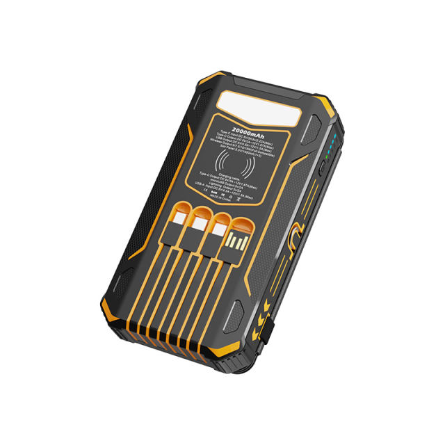 20000mAh Foldable Solar Power Bank with 22.5W PD Fast Charging, Wireless Charging, 4 Built-in Cables, Outdoor Light & Waterproof Design for Camping & Emergency，RC-SP014