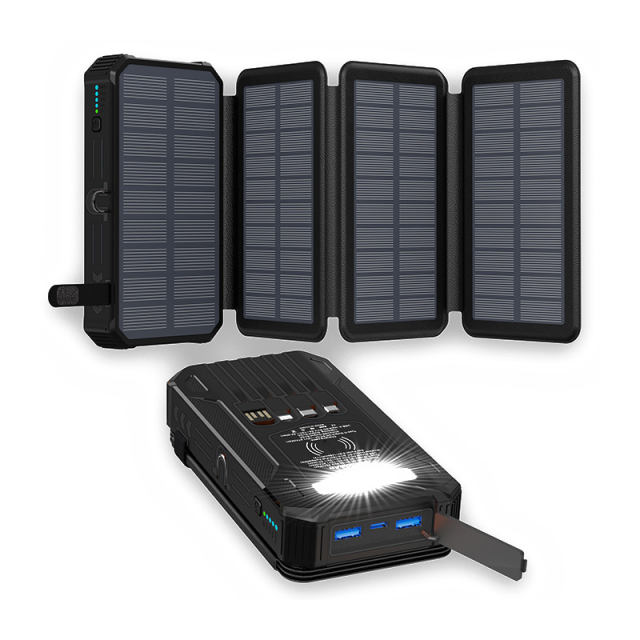 20000mAh Foldable Solar Power Bank with 22.5W PD Fast Charging, Wireless Charging, 4 Built-in Cables, Outdoor Light & Waterproof Design for Camping & Emergency，RC-SP014