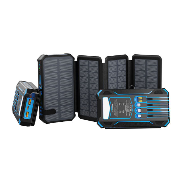 20000mAh Foldable Solar Power Bank with 22.5W PD Fast Charging, Wireless Charging, 4 Built-in Cables, Outdoor Light & Waterproof Design for Camping & Emergency，RC-SP014
