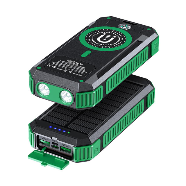 20000mAh Magnetic Solar Power Bank with Compass, Outdoor LED Light, PD 22.5W Fast Charge, 15W Wireless Charging, Waterproof &amp; Shockproof， RC-SP015