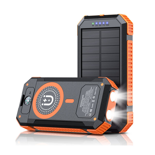 20000mAh Magnetic Solar Power Bank with Compass, Outdoor LED Light, PD 22.5W Fast Charge, 15W Wireless Charging, Waterproof &amp; Shockproof， RC-SP015