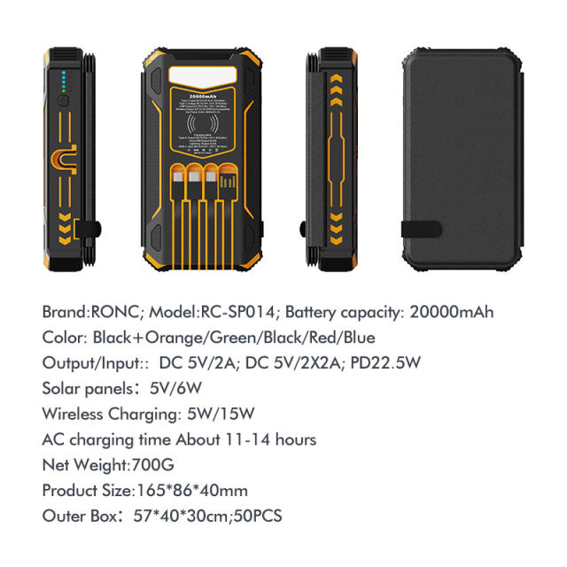 20000mAh Foldable Solar Power Bank with 22.5W PD Fast Charging, Wireless Charging, 4 Built-in Cables, Outdoor Light & Waterproof Design for Camping & Emergency，RC-SP014