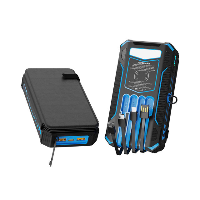 20000mAh Foldable Solar Power Bank with 22.5W PD Fast Charging, Wireless Charging, 4 Built-in Cables, Outdoor Light & Waterproof Design for Camping & Emergency，RC-SP014