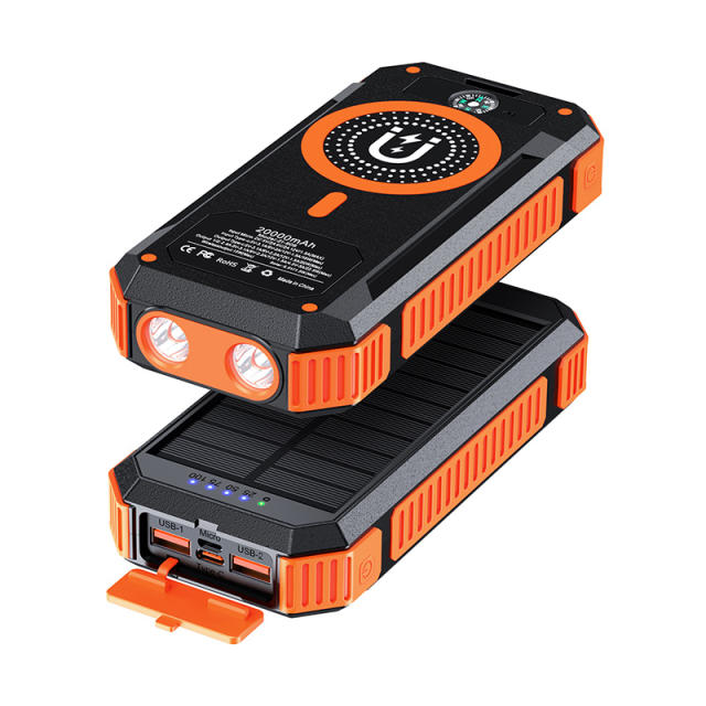 20000mAh Magnetic Solar Power Bank with Compass, Outdoor LED Light, PD 22.5W Fast Charge, 15W Wireless Charging, Waterproof &amp; Shockproof， RC-SP015
