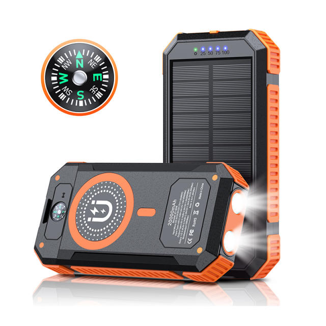 20000mAh Magnetic Solar Power Bank with Compass, Outdoor LED Light, PD 22.5W Fast Charge, 15W Wireless Charging, Waterproof &amp; Shockproof， RC-SP015