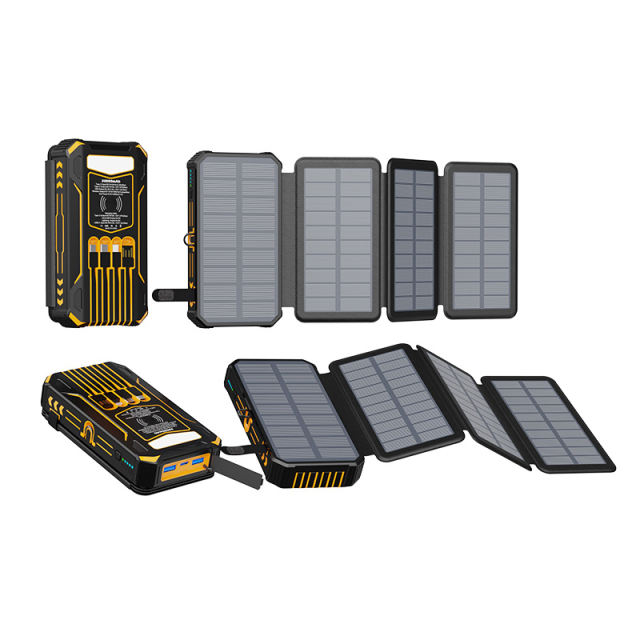 20000mAh Foldable Solar Power Bank with 22.5W PD Fast Charging, Wireless Charging, 4 Built-in Cables, Outdoor Light & Waterproof Design for Camping & Emergency，RC-SP014